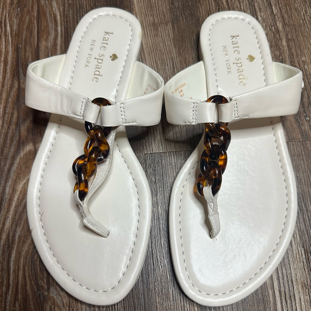 Kate Spade White Irene Sandals with Tortoise Chain Detail